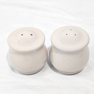 Vintage Stoneware Salt and Pepper Shakers Cream Blue Pink Banded Ceramic Set